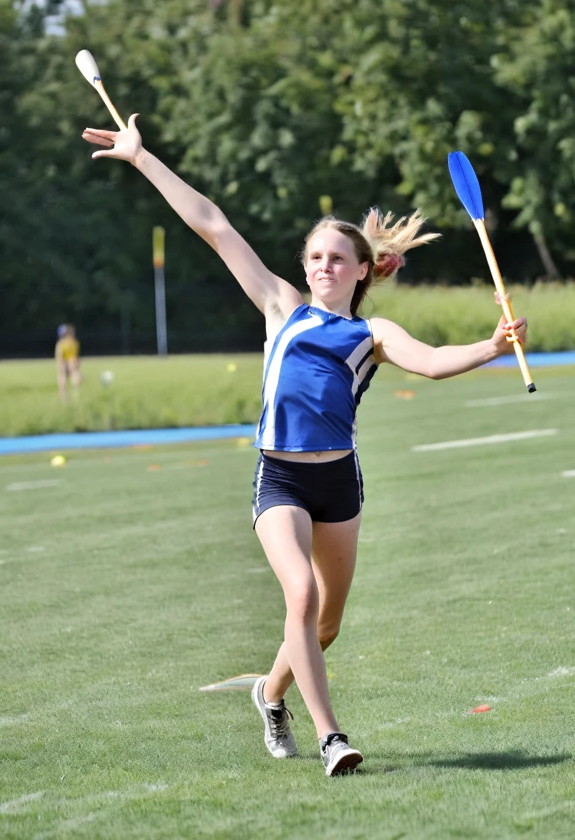 (masterpiece, best quality:1.2), 1girl, wheelchair, solo, outdoors, athletics field, throwing javelin