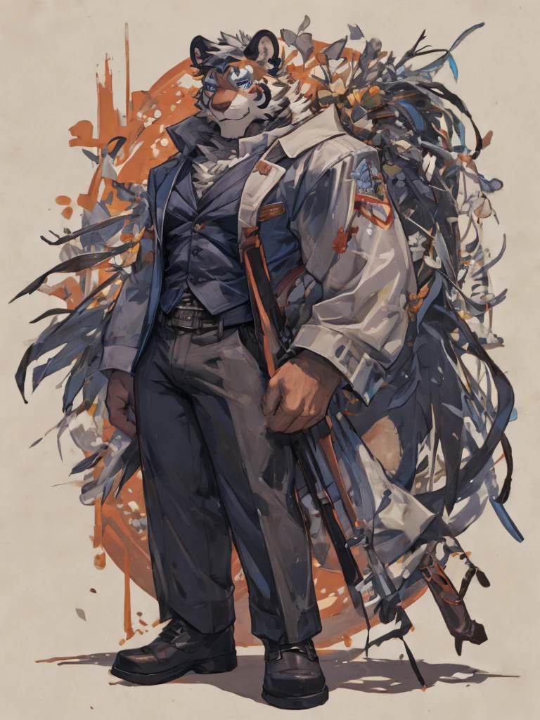 {{bara extremely handsome white tiger,}} {{white fur,}} white, wearing elegant ornate suit jacket, trousers, white dress shirt and necktie, white fluffy furry body and limbs, loafers, very tall, very broad shoulders, narrow waist, muscular arms, massive pecs, purple eyes, very long legs, massive bulge, sophisticated hot look, full body, 3/4 view, best quality, high quality, silver earring on left ear, sultry smirk, multiple views, character sheet