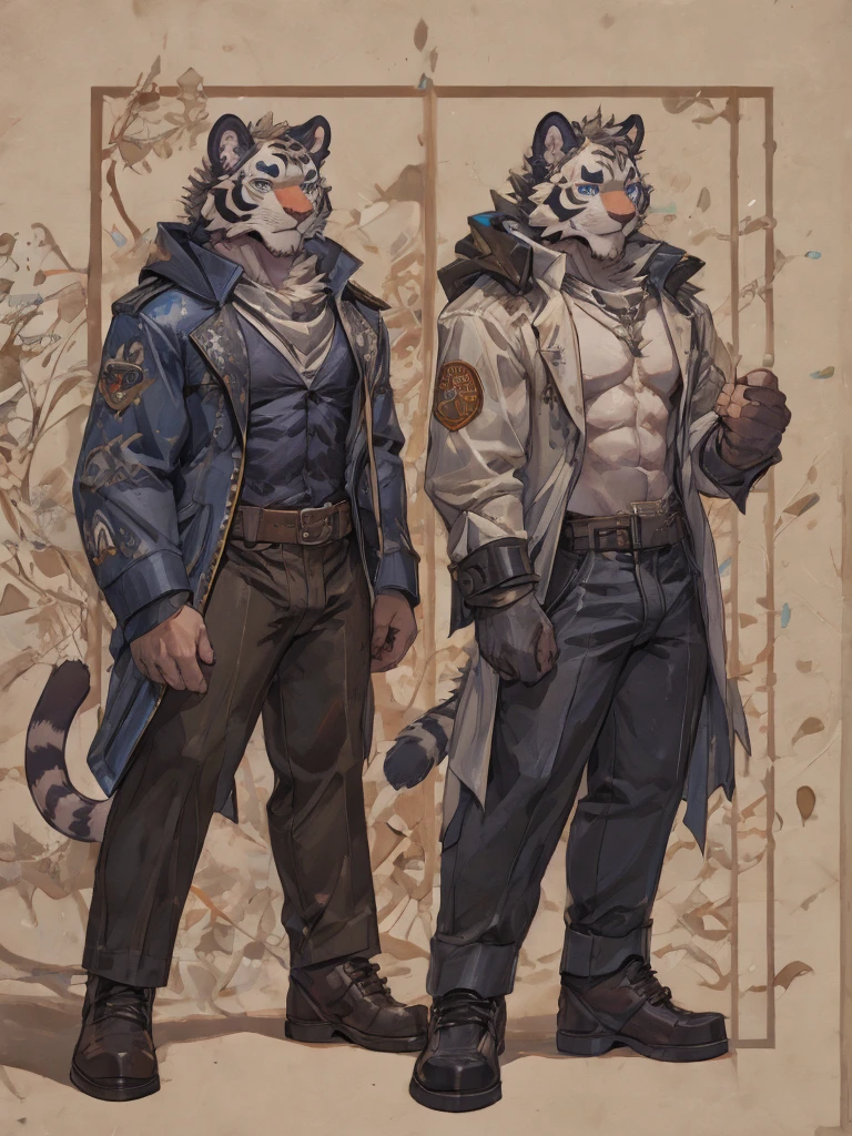 {{bara extremely handsome white tiger,}} {{white fur,}} white, wearing elegant ornate suit jacket, trousers, white dress shirt and necktie, white fluffy furry body and limbs, loafers, very tall, very broad shoulders, narrow waist, muscular arms, massive pecs, purple eyes, very long legs, massive bulge, sophisticated hot look, full body, 3/4 view, best quality, high quality, silver earring on left ear, sultry smirk, multiple views, character sheet