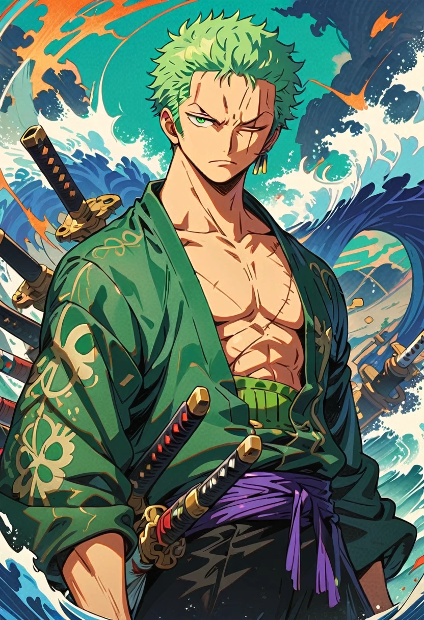 Zoro DO ANIME "(ONE PEACE",) standing alone, Looking at Viewer, short hair, long sleeves, GREEN PIRATE suit jacket, upperbody, missiles, male focus, Japanese clothing, green haired, wHater, WAVES, from sideways, scar on left eye, scabbard, scar on the face, illustration，green artistic background，whole body，holding a sword，profile，view at viewer, green eyes, high detailed wallpaper, high quality, masterpiece