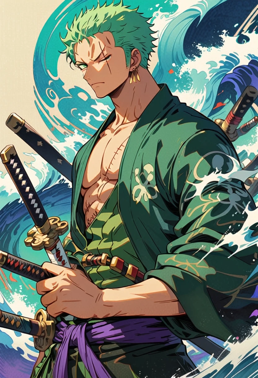 Zoro DO ANIME "(ONE PEACE",) standing alone, Looking at Viewer, short hair, long sleeves, GREEN PIRATE suit jacket, upperbody, missiles, male focus, Japanese clothing, green haired, wHater, WAVES, from sideways, scar on left eye, scabbard, scar on the face, illustration，green artistic background，whole body，holding a sword，profile，view at viewer, green eyes, high detailed wallpaper, high quality, masterpiece