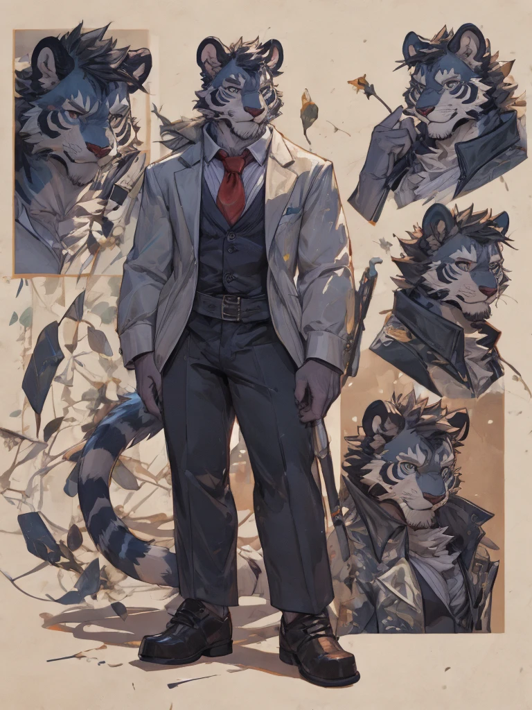 {{bara extremely handsome white tiger,}} {{white fur,}} white, wearing elegant ornate suit jacket, trousers, white dress shirt and necktie, white fluffy furry body and limbs, loafers, very tall, very broad shoulders, narrow waist, muscular arms, massive pecs, purple eyes, very long legs, massive bulge, sophisticated hot look, full body, 3/4 view, best quality, high quality, silver earring on left ear, sultry smirk, multiple views, character sheet