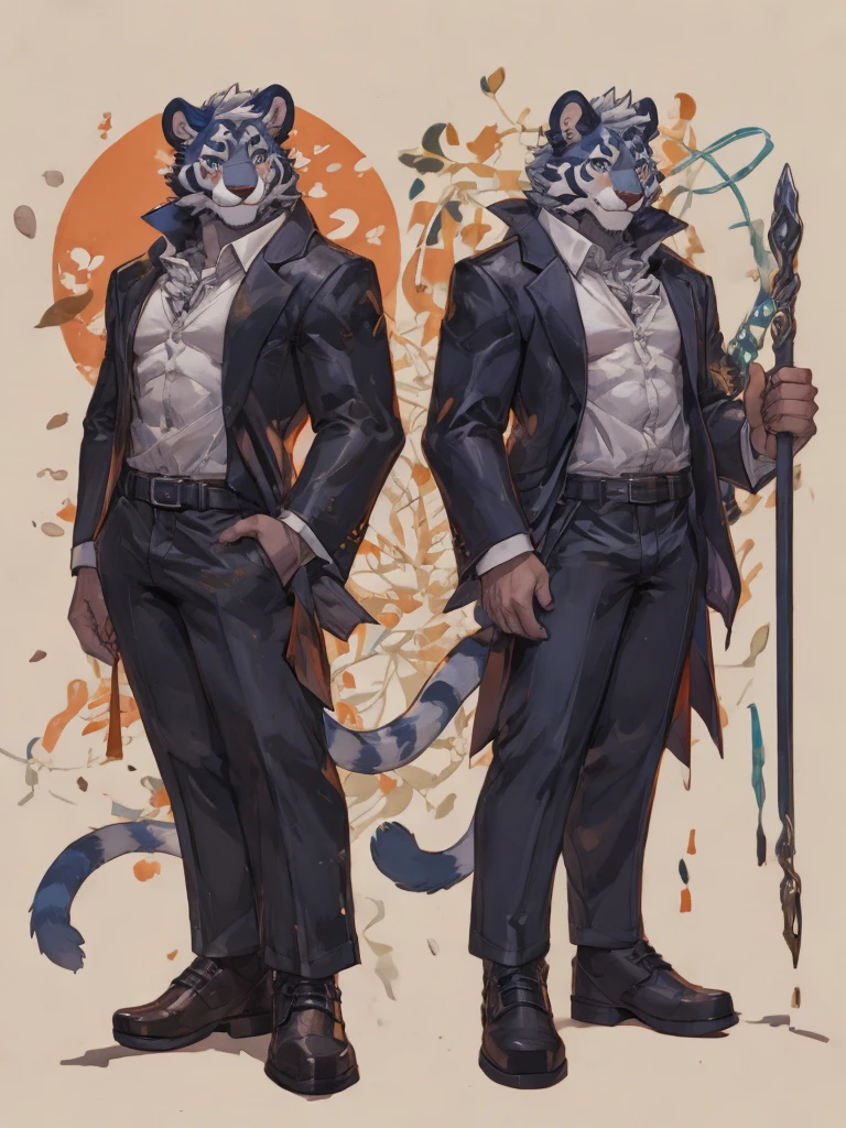 {{bara extremely handsome white tiger,}} {{white fur,}} white, wearing elegant ornate suit jacket, trousers, white dress shirt and necktie, white fluffy furry body and limbs, loafers, very tall, very broad shoulders, narrow waist, muscular arms, massive pecs, purple eyes, very long legs, massive bulge, sophisticated hot look, full body, 3/4 view, best quality, high quality, silver earring on left ear, sultry smirk, multiple views, character sheet