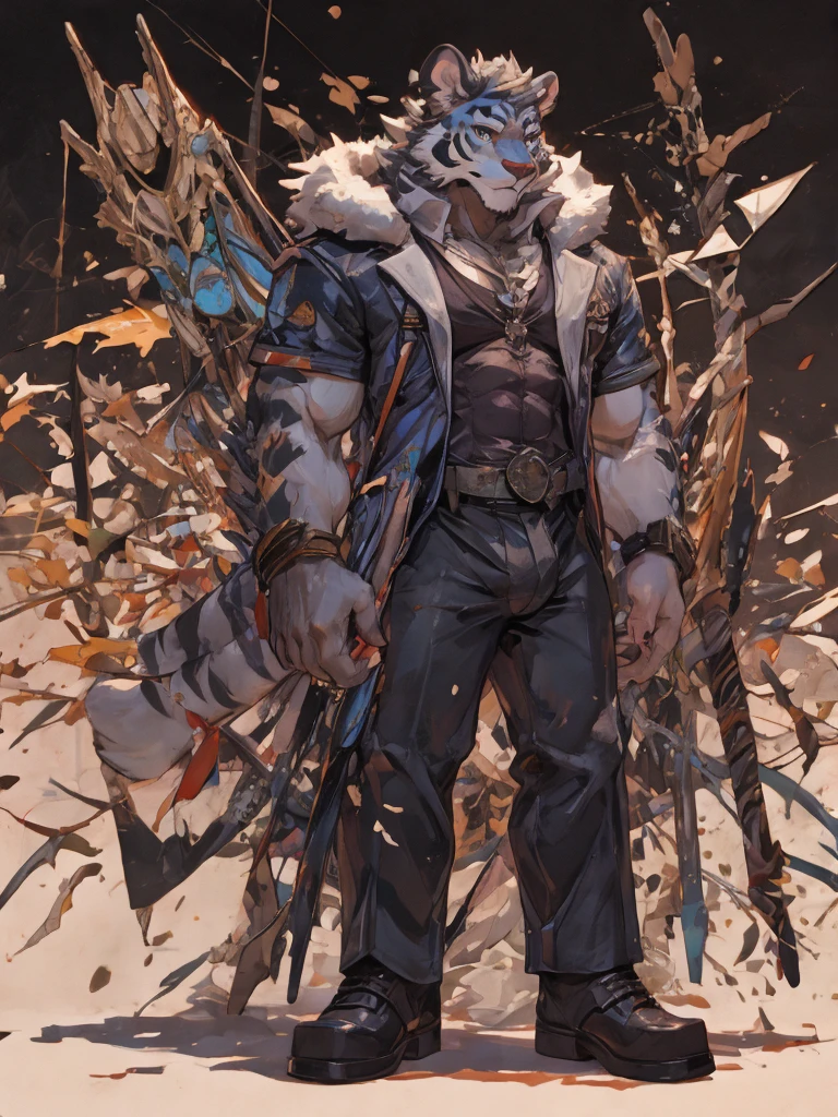 {{bara extremely handsome white tiger,}} {{white fur,}} white, wearing elegant ornate suit jacket, trousers, white dress shirt and necktie, white fluffy furry body and limbs, loafers, very tall, very broad shoulders, narrow waist, muscular arms, massive pecs, purple eyes, very long legs, massive bulge, sophisticated hot look, full body, 3/4 view, best quality, high quality, silver earring on left ear, sultry smirk, multiple views, character sheet