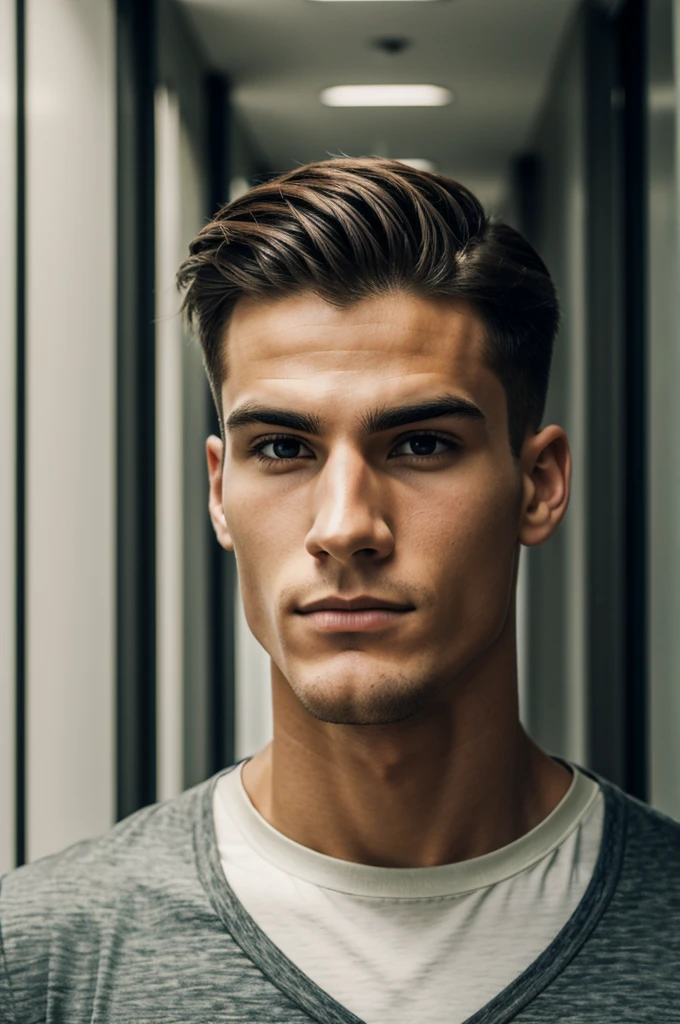 Guy in the school hallway shushing the camera while having a big jawline with amazing features 