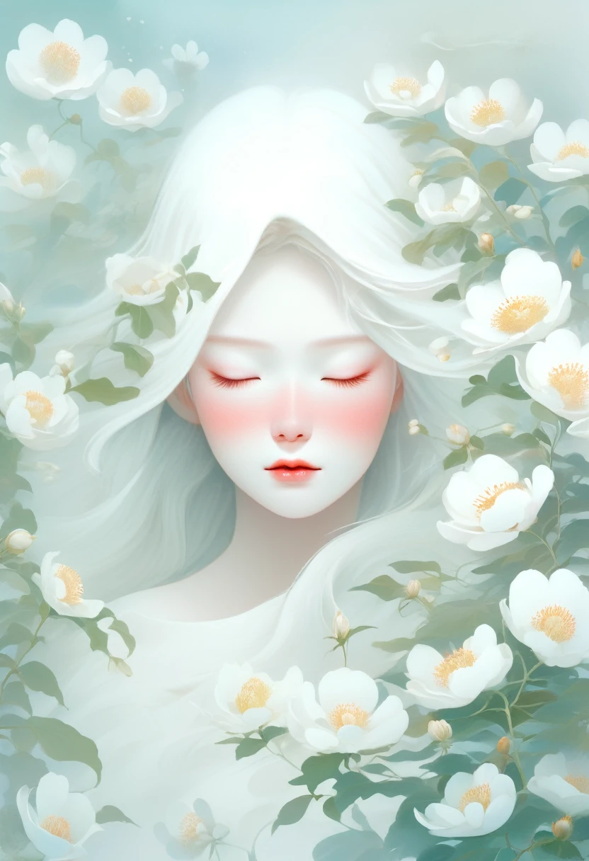 (Thick fog:1.5)，Soft space，Soft tones，dream，Hazy and mysterious，A lot of mist and white flowers，Modern illustration elements。Tranquility、Pure atmosphere，blond woman with white flowers covering her face and eyes, inspired by Hsiao-Ron Cheng, inspired by Yanjun Cheng, by Ayami Kojima, by Hsiao-Ron Cheng, by Yanjun Cheng, Guweiz, artwork in the style of Guweiz, by Eizan It&#39;s a gift, cake, james jean and wlop