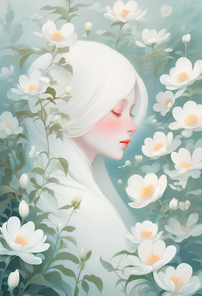 (Thick fog:1.5)，Soft space，Soft tones，dream，Hazy and mysterious，A lot of mist and white flowers，Modern illustration elements。Tranquility、Pure atmosphere，blond woman with white flowers covering her face and eyes, inspired by Hsiao-Ron Cheng, inspired by Yanjun Cheng, by Ayami Kojima, by Hsiao-Ron Cheng, by Yanjun Cheng, Guweiz, artwork in the style of Guweiz, by Eizan It&#39;s a gift, cake, james jean and wlop