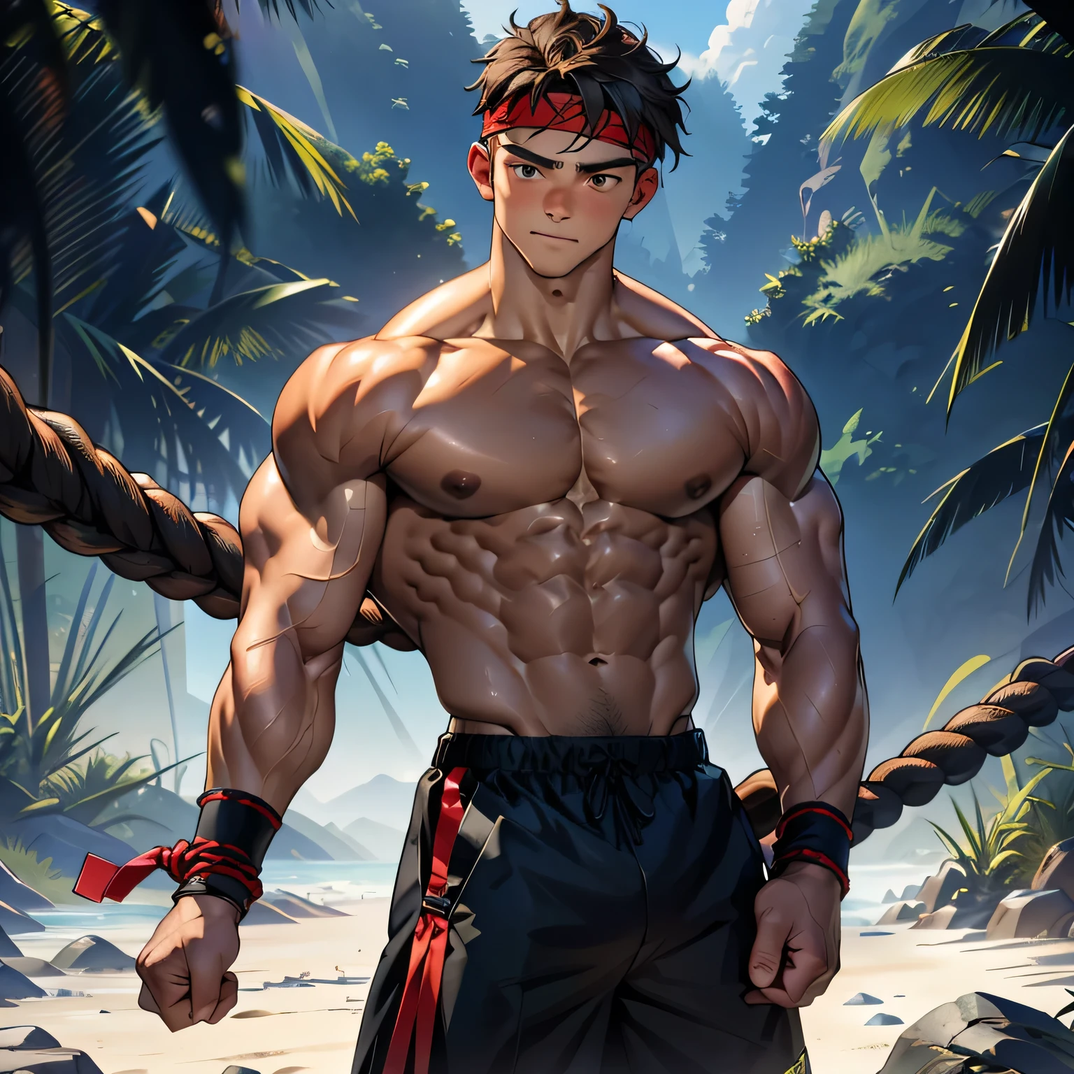 (Masterpiece, Best quality  boy, black background, cowboy shot, looking away), ((((solo, be bound by a rope)))), Young, boy, muscler, Shirtless, (Dark Short straight hair, almost completely shaved hair, under cut, brown eyes), (red headband, ((fingerless grobe, black wristband))), ((hot Abs:1.2, big breast:1.2, upper arms, jacked muscle, beautiful musculature, aesthetic striations, inspirational physique, lean muscle, square pecs, beautiful v-taper, great abs and torso), Vivid colors, detailed face, detailed muscle, (((rippling muscles, struggle, combats, ready to fight)))