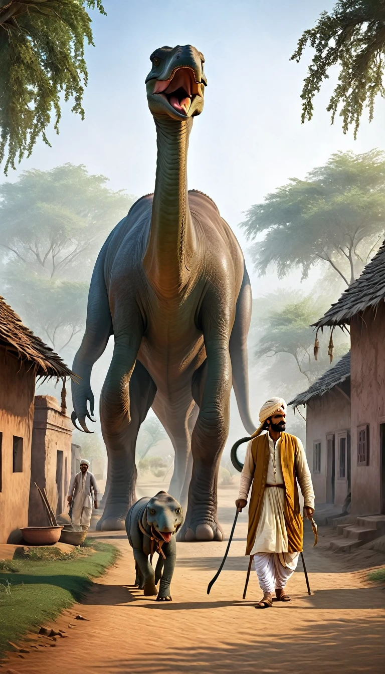 Create a photorealistic image set in an 1700s Indian village. A village man is walking alongside his pet, a large Apatosaurus. The man should be dressed in traditional 1700s Indian attire, and the Apatosaurus should be depicted as a friendly companion.