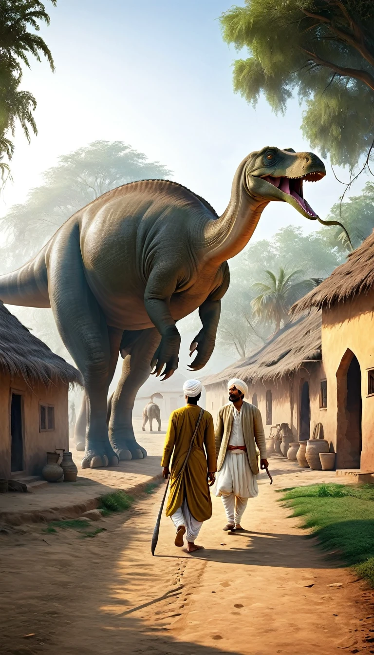 Create a photorealistic image set in an 1700s Indian village. A village man is walking alongside his pet, a large Apatosaurus. The man should be dressed in traditional 1700s Indian attire, and the Apatosaurus should be depicted as a friendly companion.