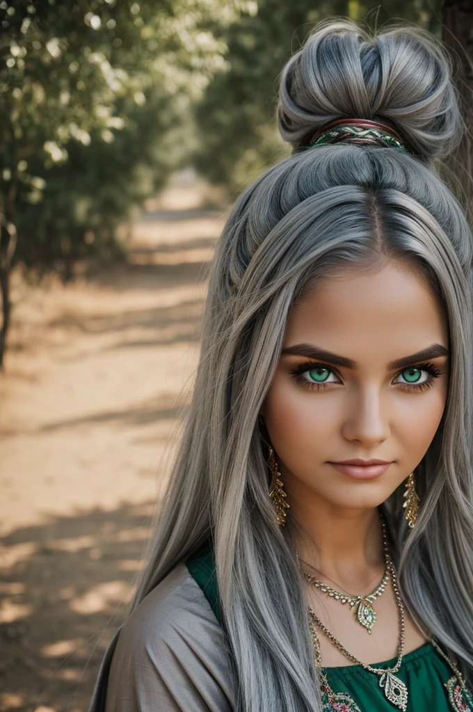 evil girl, gray hair with green eyes and gypsy clothes