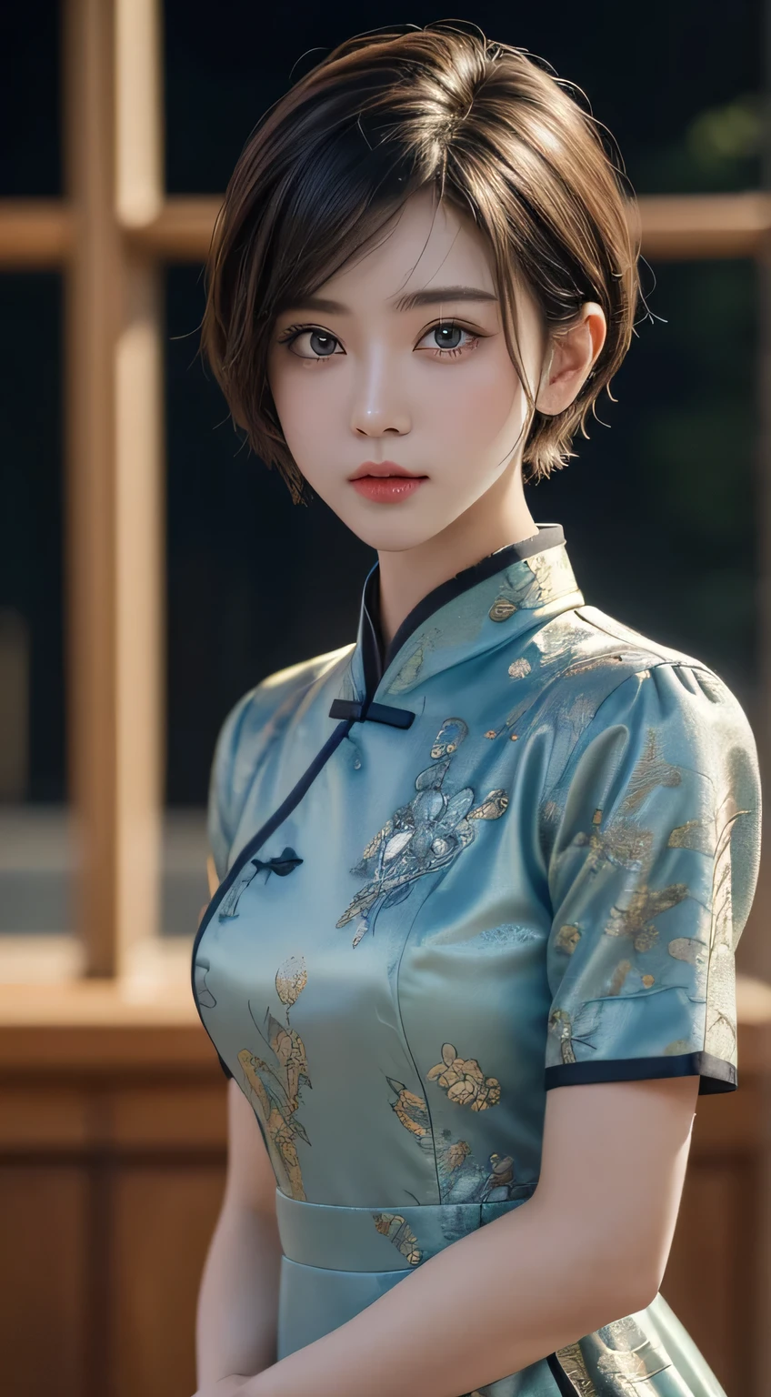 1 girl in, (((short hair))), qipao dress,(Masterpiece, top quality, Near and far law, depth of field:1.5), beautiful face, 8k, original photo, human development report, Realism, film particles, Color difference, high resolution, Super detailed, fine details, dynamic lighting, dramatic lighting、gloomy、Extremely detailed eyes and face、round pupils、realistic student、clean background