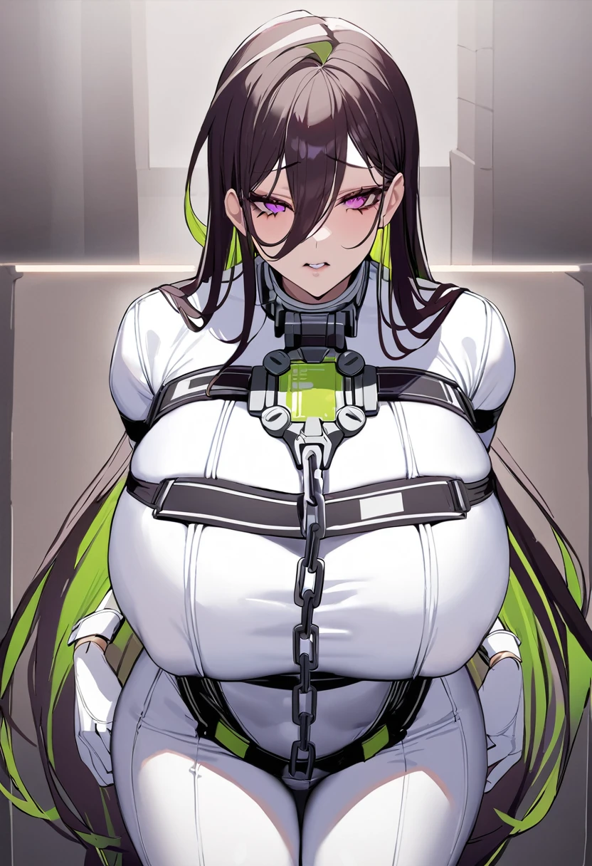 masterpiece, best quality, 1 woman, alone, feeling guilty \(nod\), white bodysuit, color, straitjacket, chain, looking at viewer, chapped lips, standing, hands behind back, huge breasts