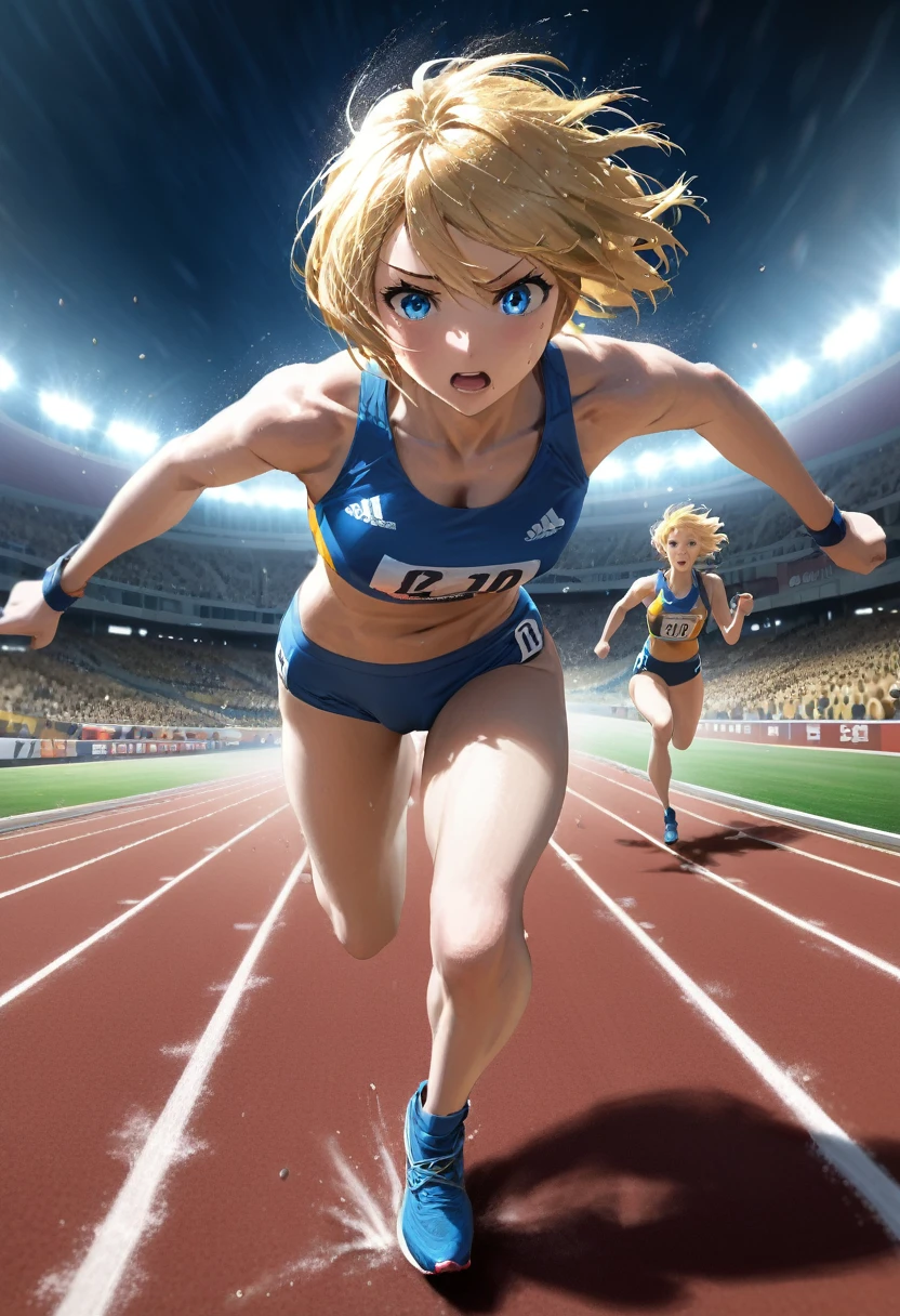 Girl athlete racing 100 meter run at the track and field stadium, Flowing blonde short hair,blue eyes, Sleek and aerodynamic running wear, intense expression, Several female athletes compete in a heated race, Dynamic Motion Blur, A low-angle view that emphasizes long legs and powerful strides, from front, Cinema Lighting, Vibrant colors, (Highest quality,4K,8K,High resolution,masterpiece:1.2),Super detailed,(Realistic,photoRealistic,photo-Realistic:1.37),Very detailed face and eyes, Beautiful lip detail,Very detailed, hyper Realistic, Professional photography, Cinema Lighting, Dynamic action scenes, Wonderful landscape