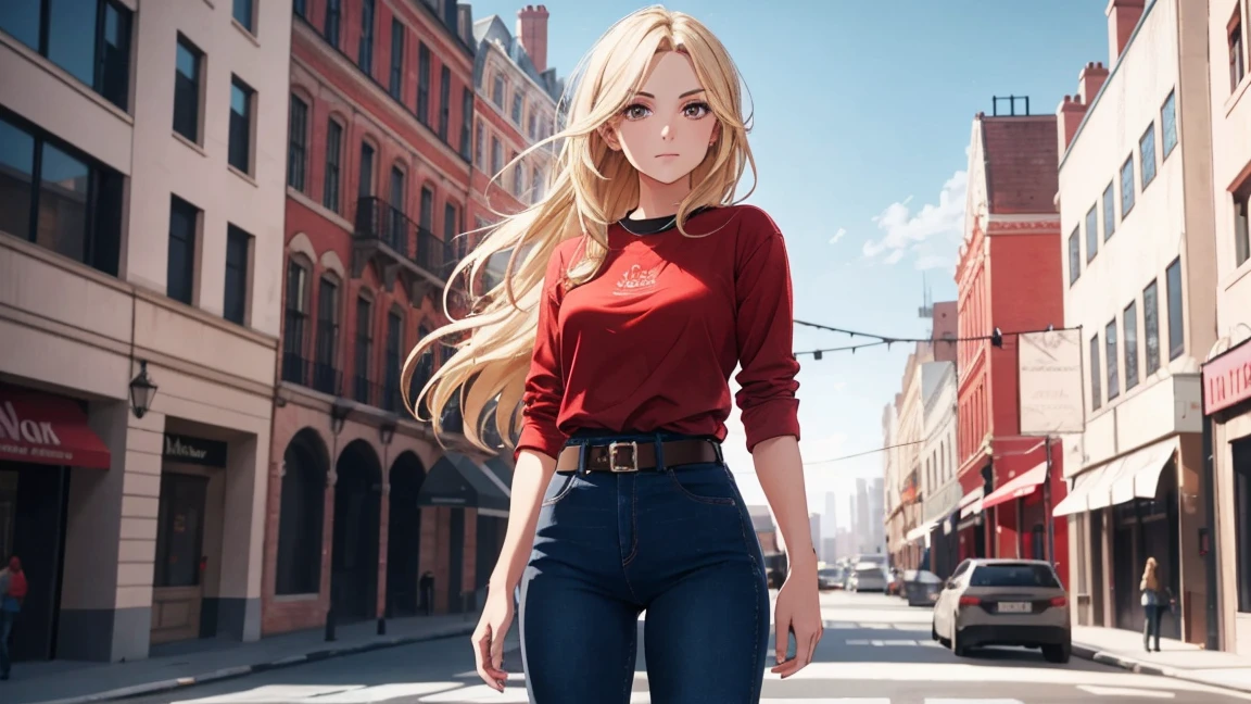 1girl, waist length blond hair, brown eyes, wearing red shirt, light denim jeans with black belt, knee high black boots, city, absurdres, high res, ultrasharp, 8K, masterpiece, looking at viewer