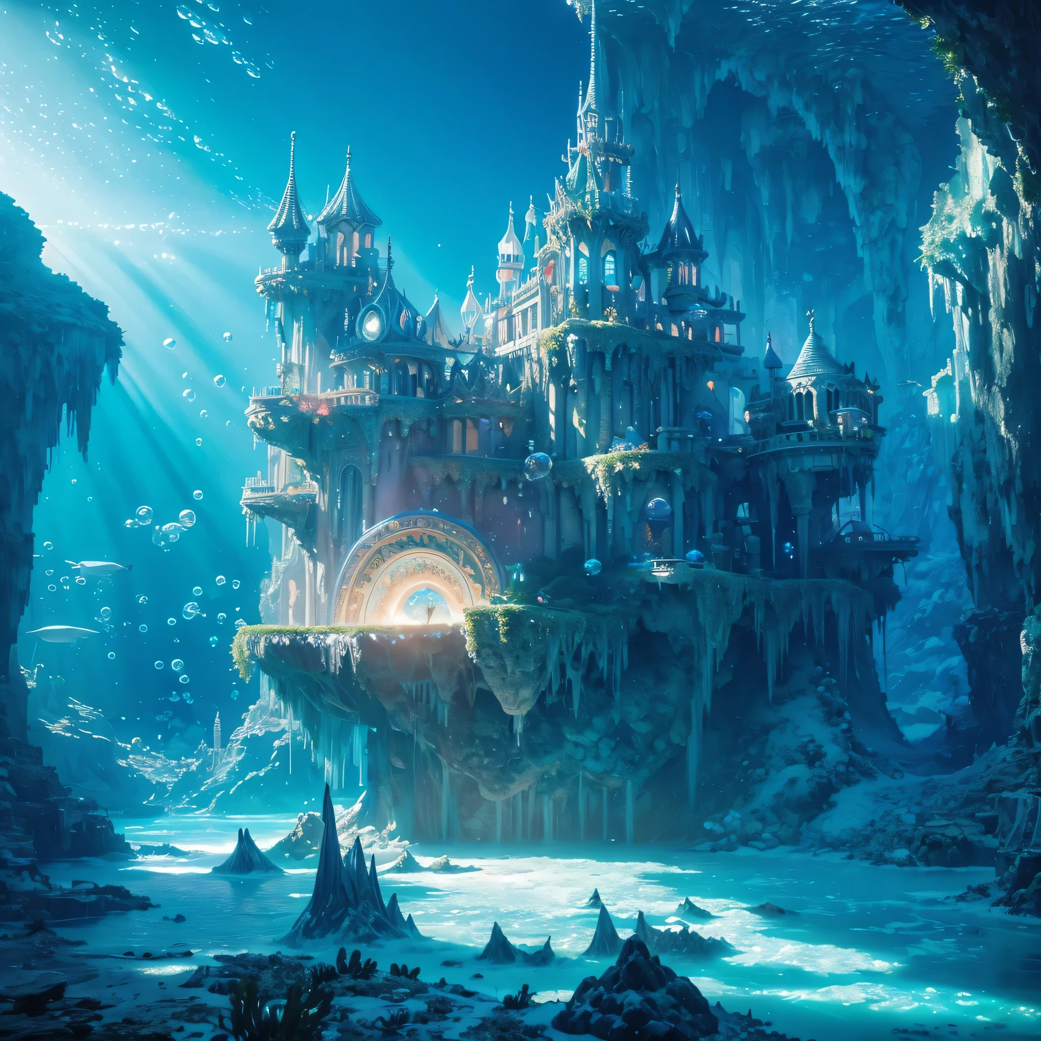 ((need)), ((masterpiece)), (detailed)),Translucent underwater ice palace,Colorful Atlantis City,Colorful underwater kingdom,The underwater city of the future,future technology,Alien Technology,Colorful and magical marine life fantasy universe,Cyberpunk of the future,surreal dreamscape,Surrealist art fantasy style,Epic digital fantasy art style,Art bud, shattered glass, ((Bubble underwater scenery)) ,Radiant Light Octane Rendering Very detailed