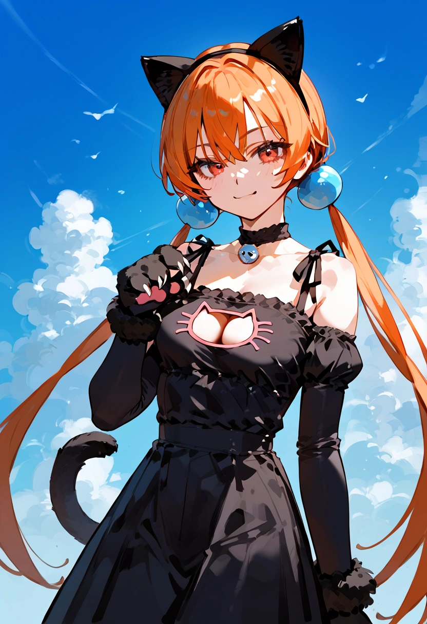 anime artwork, score_9, score_8_up, score_7_up, score_6_up, score_5_up, score_4_up,alisasr, 1girl, orange hair, red eyes, fake black cat ears, hairband, long hair, very long hair, twintails, hair ornament, hair bobbles, low twintails,, \\\\\\ \\\\\ , cat lingerie, paws gloves, cat tail, the pose, , claws, naughty face, sky background
