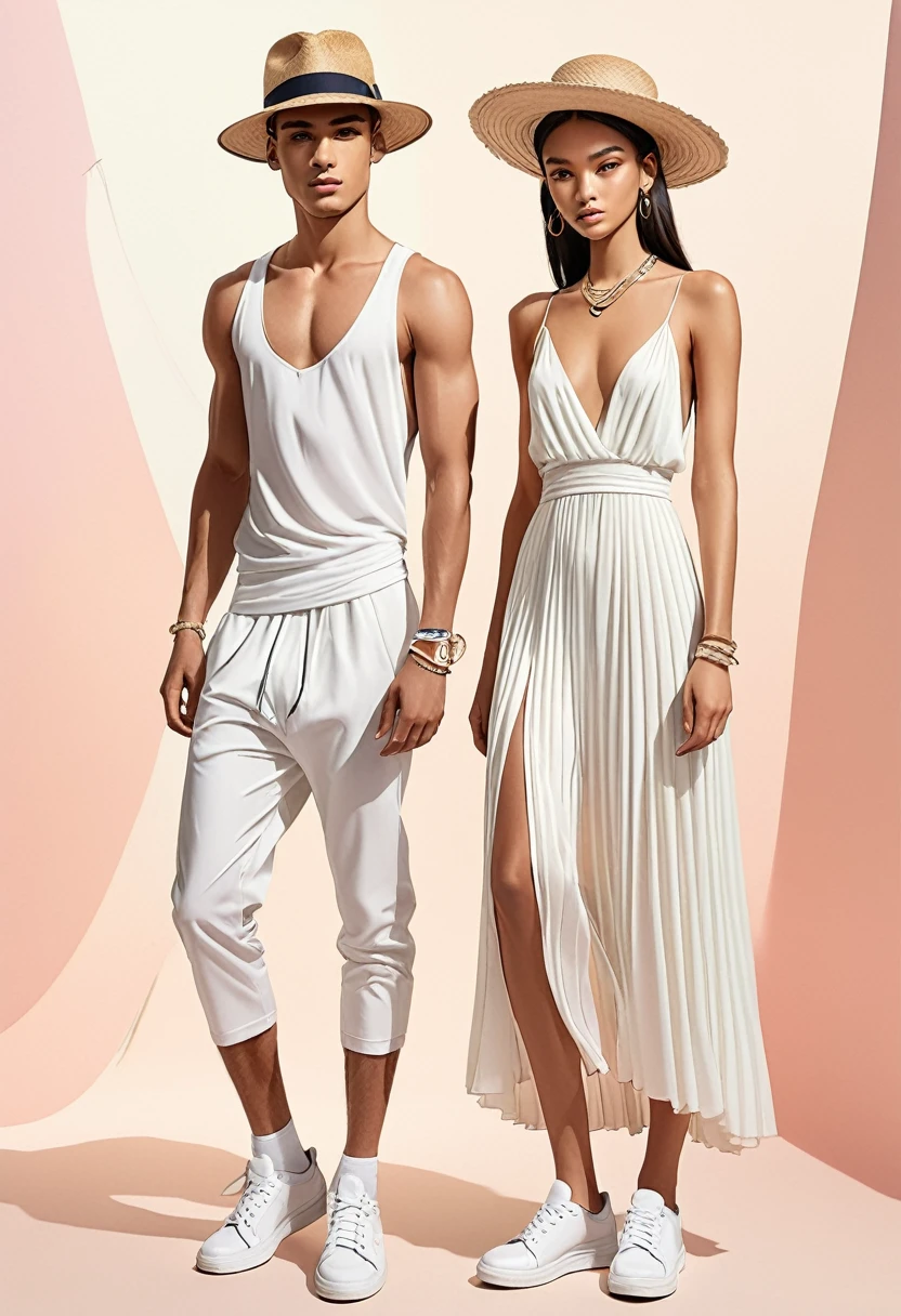 candid fashion illustration of young Mixed race man and woman supper models, both aged 22 year old, skinny and lean, ((showcase fashion look book in White outfits)), inspired by Christian Dior's resort collection in elegant young bohemian style. The man wears only white sheer G string, topless, standing spread apart give a nice view of his thick bulge cock line, He completes his look with white sneakers, round sunglasses and bracelet. The woman complements him in a Long plissé dress in jersey with a deep V-neckline and narrow shoulder straps that cross at the back. Deep opening at the back, a concealed zip at one side and gathered tiers on the skirt for added volume, Her ensemble includes an accessorizes with a straw hat, white sneakers, Captured in a dynamic angle, ((full-body image)), ((pastel color background)), sketching, realistic pencil lines, imperfect drawing, fading sketch, fashion look book, fashion illustrator, sketch design,