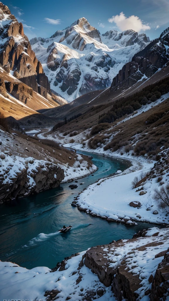 a dramatic landscape of the high Caucasus mountains, snow-capped peaks, vibrant colors, at the foot of the mountains a stormy river with crystal clear water, an eagle soaring in the distance, (best quality,8k,highres,masterpiece:1.2),ultra-detailed,(realistic,photorealistic,photo-realistic:1.37),canon camera, dramatic lighting, cinematic composition