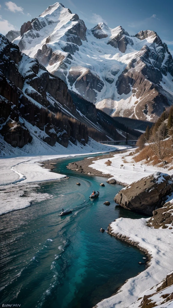a dramatic landscape of the high Caucasus mountains, snow-capped peaks, vibrant colors, at the foot of the mountains a stormy river with crystal clear water, an eagle soaring in the distance, (best quality,8k,highres,masterpiece:1.2),ultra-detailed,(realistic,photorealistic,photo-realistic:1.37),canon camera, dramatic lighting, cinematic composition