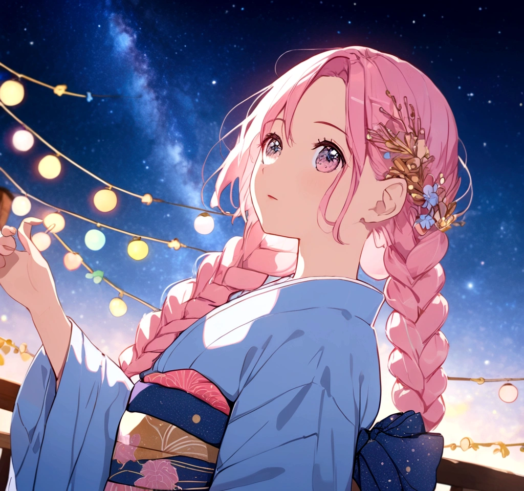 Light pink hair, braided hair, ((Tanabata Festival)), ((Pale blue kimono)), looking up at the night sky, ((Milky Way in the background))