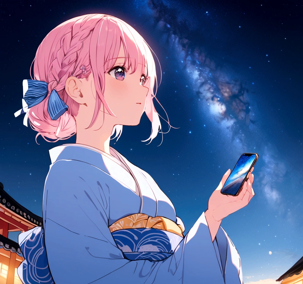 Light pink hair, braided hair, ((Tanabata Festival)), ((Pale blue kimono)), looking up at the night sky, ((Milky Way in the background))