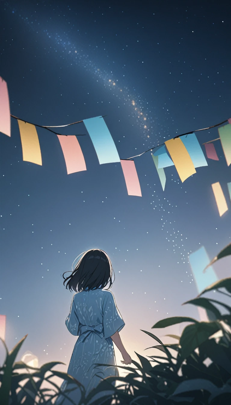 A black-haired girl pointing at the starry sky of Tanabata。She is wearing a light blue yukata with a summery blue and white pattern.、Visionの星空。Vision、Girl in the back。