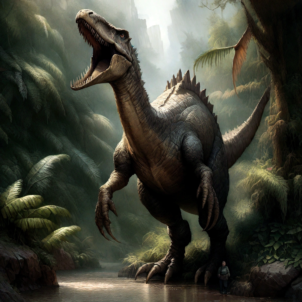 Highest quality, masterpiece, Ultra-high resolution, (Realistic: 1.4), RAW Photos,Create an image depicting a Cretaceous landscape. The image should feature a large theropod dinosaur, similar to a Tyrannosaurus Rex, with its mouth wide open as if roaring. The dinosaur should be shown in full body. The background should include a lush, green landscape with dense vegetation. Add elements of natural fire or volcanic activity, with smoke and an orange glow in the sky. Additionally, the surroundings of the dinosaur should include ferns and giant trees, creating an ancient wetland atmosphere. In the sky, a few flying pterosaurs should be visible, and in the distance, a volcano should be erupting.