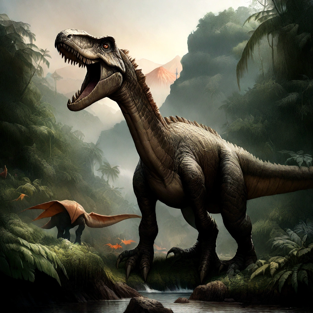 Highest quality, masterpiece, Ultra-high resolution, (Realistic: 1.4), RAW Photos,Create an image depicting a Cretaceous landscape. The image should feature a large theropod dinosaur, similar to a Tyrannosaurus Rex, with its mouth wide open as if roaring. The dinosaur should be shown in full body. The background should include a lush, green landscape with dense vegetation. Add elements of natural fire or volcanic activity, with smoke and an orange glow in the sky. Additionally, the surroundings of the dinosaur should include ferns and giant trees, creating an ancient wetland atmosphere. In the sky, a few flying pterosaurs should be visible, and in the distance, a volcano should be erupting.