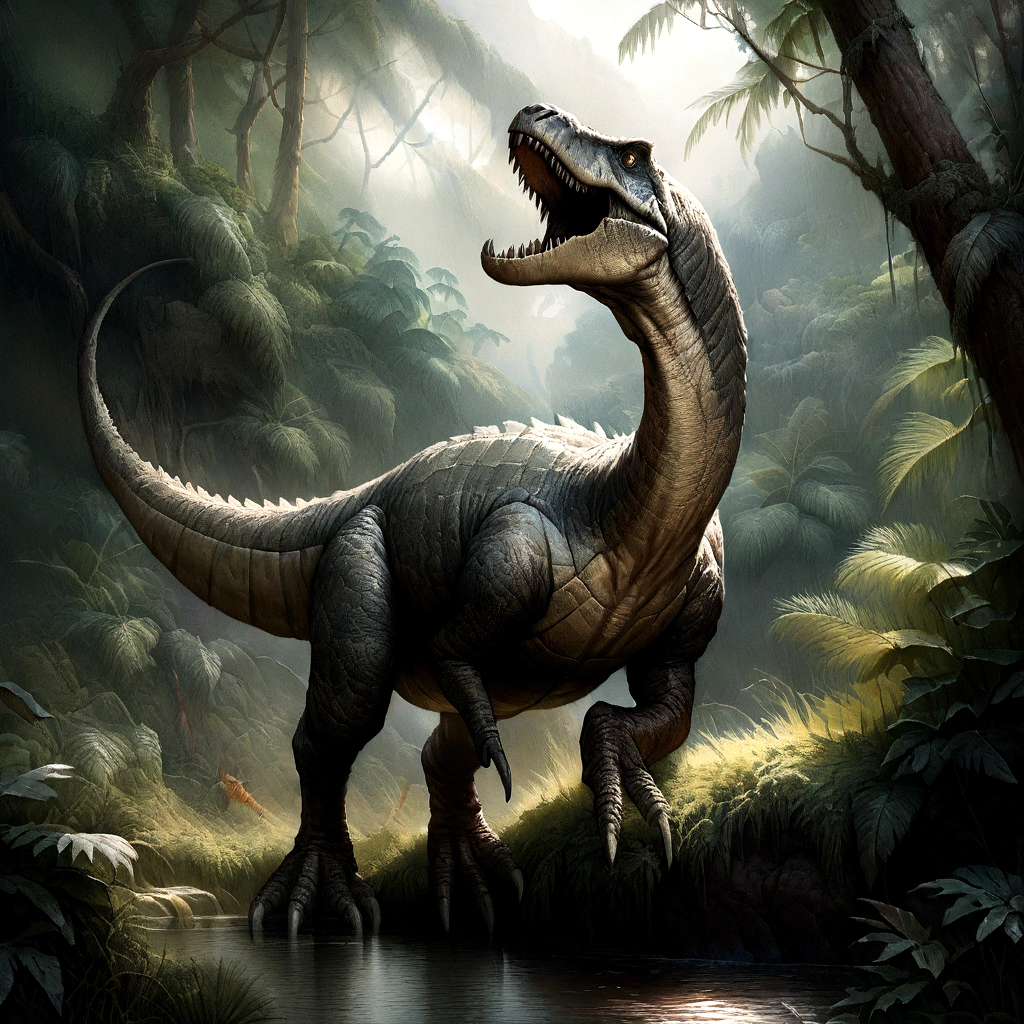 Highest quality, masterpiece, Ultra-high resolution, (Realistic: 1.4), RAW Photos,Create an image depicting a Cretaceous landscape. The image should feature a large theropod dinosaur, similar to a Tyrannosaurus Rex, with its mouth wide open as if roaring. The dinosaur should be shown in full body. The background should include a lush, green landscape with dense vegetation. Add elements of natural fire or volcanic activity, with smoke and an orange glow in the sky. Additionally, the surroundings of the dinosaur should include ferns and giant trees, creating an ancient wetland atmosphere. In the sky, a few flying pterosaurs should be visible, and in the distance, a volcano should be erupting.