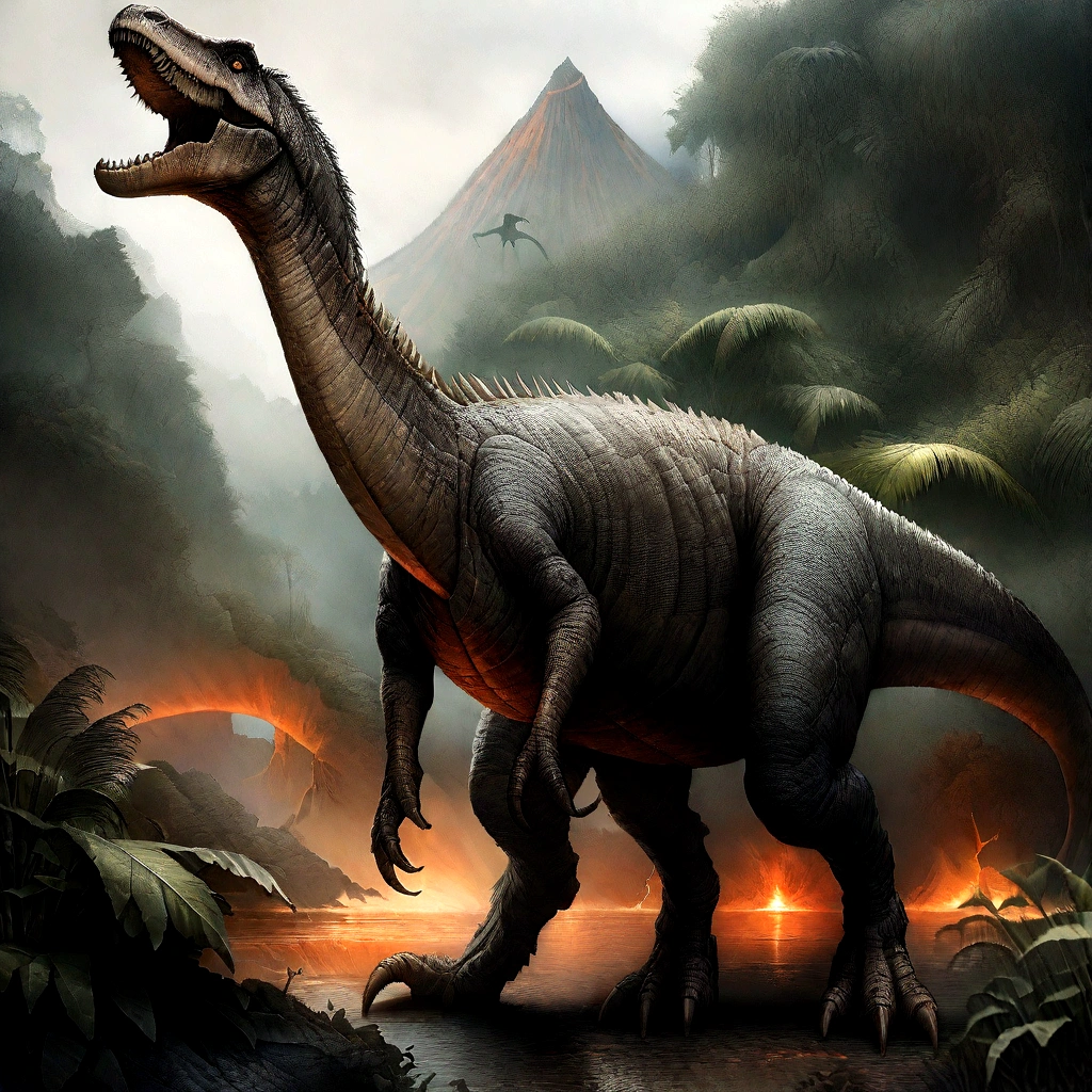 Highest quality, masterpiece, Ultra-high resolution, (Realistic: 1.4), RAW Photos,Create an image depicting a Cretaceous landscape. The image should feature a large theropod dinosaur, similar to a Tyrannosaurus Rex, with its mouth wide open as if roaring. The dinosaur should be shown in full body. The background should include a lush, green landscape with dense vegetation. Add elements of natural fire or volcanic activity, with smoke and an orange glow in the sky. Additionally, the surroundings of the dinosaur should include ferns and giant trees, creating an ancient wetland atmosphere. In the sky, a few flying pterosaurs should be visible, and in the distance, a volcano should be erupting.