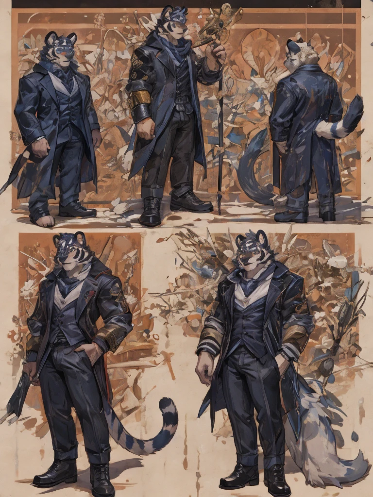 {{bara extremely handsome white tiger,}} {{white fur,}} white, wearing elegant ornate suit jacket, trousers, white dress shirt and necktie, white fluffy furry body and limbs, loafers, very tall, very broad shoulders, narrow waist, muscular arms, massive pecs, purple eyes, very long legs, massive bulge, sophisticated hot look, full body, 3/4 view, best quality, high quality, silver earring on left ear, sultry smirk, multiple views, character sheet