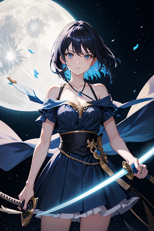 Anime girl holding sword katana blue dress holding a sword, anime, short black hair with neon highlights, hair is above shoulder height smooth beautiful dual wielding ready to attack, 1 hand on each sword, background of moon 4k, anime art, pendant on hair, cross necklace
