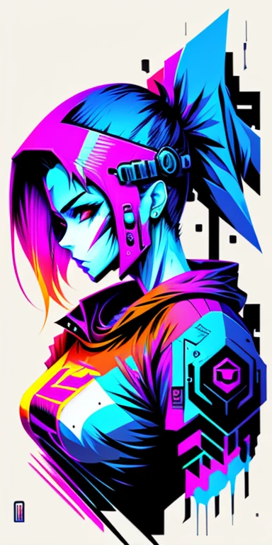 Ready to print vector t-shirt art colorful graffiti illustration of a cyberpunk ninja robotic woman, futuristic cyberpunk city background, realistic image style, image on white background, centred
