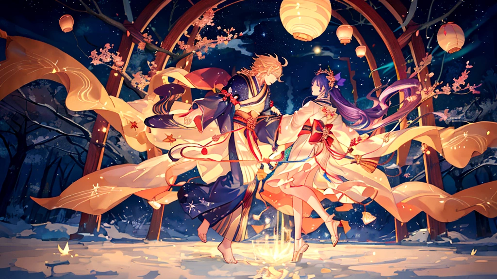 A magical scene depicting the Tanabata legend of Orihime and Hikoboshi. The setting is a celestial night sky with countless stars and the Milky Way creating a shimmering path. Orihime, dressed in a flowing traditional Japanese kimono, and Hikoboshi, in a matching elegant robe, are portrayed as graceful and ethereal figures. They are meeting on a beautiful celestial bridge made of stars, appearing radiant and joyous. The background features soft, glowing clouds and mystical auroras that enhance the romantic and mythical atmosphere. Surrounding the couple, there are delicate, floating paper lanterns and gentle lights that add a dreamy quality to the scene