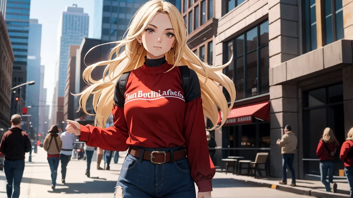 1girl, waist length blond hair, brown eyes, wearing red shirt, light denim jeans with black belt, knee high black boots, city, absurdres, high res, ultrasharp, 8K, masterpiece, looking at viewer
