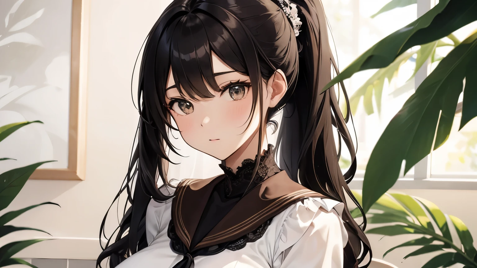 A beautiful woman wearing a brown sailor suit with lots of frills and lace Long sleeve Black hair ponytail with hair ornament Upper Body Big Breasts