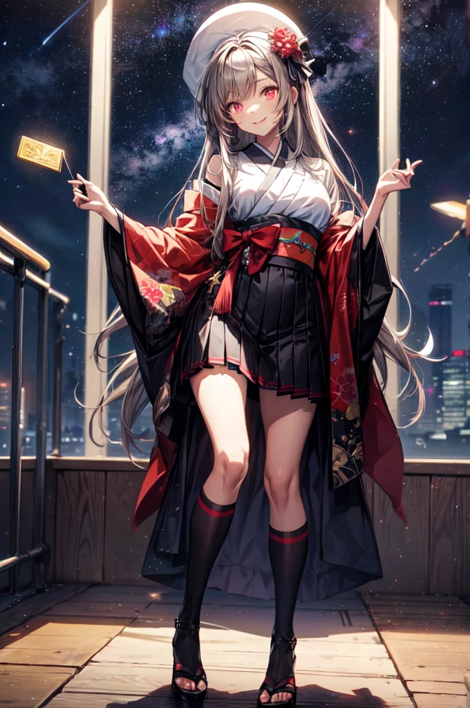 It is a full-body illustration of a beautiful slender woman with brown and grayish ash color straight hair, red sexy lips, and a smile. She is an FX trader. She is wearing a mini-skirt kimono dressed as Orihime on Tanabata day, and is smiling with the Milky Way and bit coin in the background (Milky Way, starry sky, bit coin) (sparkling, glowing clothes, glowing eyes) There are glowing illustrations like Pixiv.