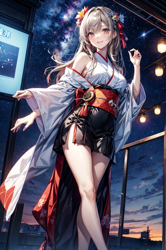 It is a full-body illustration of a beautiful slender woman with brown and grayish ash color straight hair, red sexy lips, and a smile. She is an FX trader. She is wearing a mini-skirt kimono dressed as Orihime on Tanabata day, and is smiling with the Milky Way and bit coin in the background (Milky Way, starry sky, bit coin) (sparkling, glowing clothes, glowing eyes) There are glowing illustrations like Pixiv.