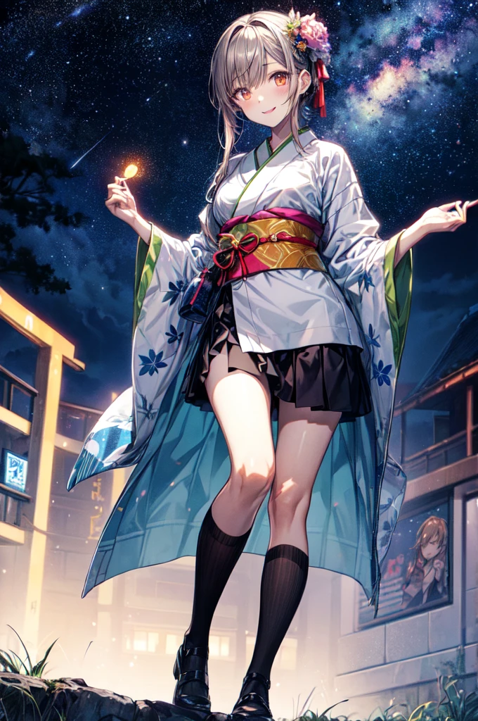 It is a full-body illustration of a beautiful slender woman with brown and grayish ash color straight hair, red sexy lips, and a smile. She is an FX trader. She is wearing a mini-skirt kimono dressed as Orihime on Tanabata day, and is smiling with the Milky Way and bit coin in the background (Milky Way, starry sky, bit coin) (sparkling, glowing clothes, glowing eyes) There are glowing illustrations like Pixiv.