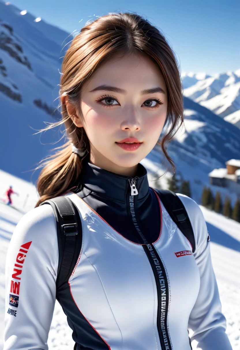 8K resolution, masterpiece, Highest quality, Award-winning works, unrealistic, , Royal Jewel,Photorealistic paintings by Midjourney and Greg Rutkowski, , elegant, Very detailed, Delicate depiction of hair, Miniature Painting, Digital Painting, Art Station, Concept Art, Smooth, Sharp focus, shape, nature, Clear shadows, Full body portrait, Ski resort, Snow Mountain, 女子Skier,erotic, One sexy woman, healthy shaped body,, 22-year-old woman, , Height: 170cm, Large, firm, swaying bust, Skier, Giant Slalom, Ski resort, slalom, Fancy ski wear, Skiwear with a complex structure, ski, (Ski down a steep slope:1.6), Glide