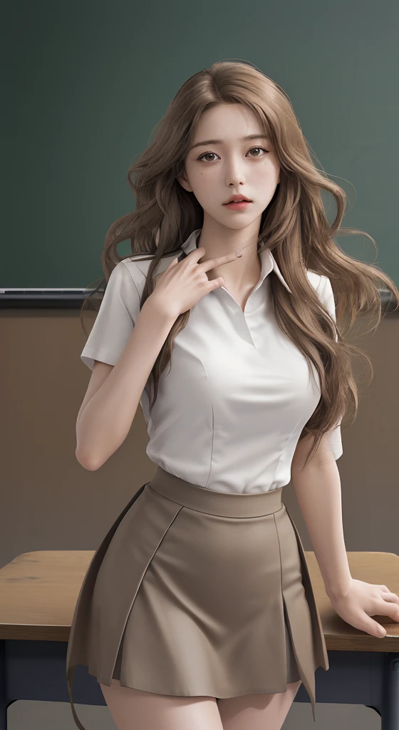 Photorealistic, high resolution, 1 Women, Solo, Hips up, view the viewer, (Detailed face), light brown long hair, Long hair, Secretary uniform, short tight skirt , plain formal shirt vomiting in classroom 