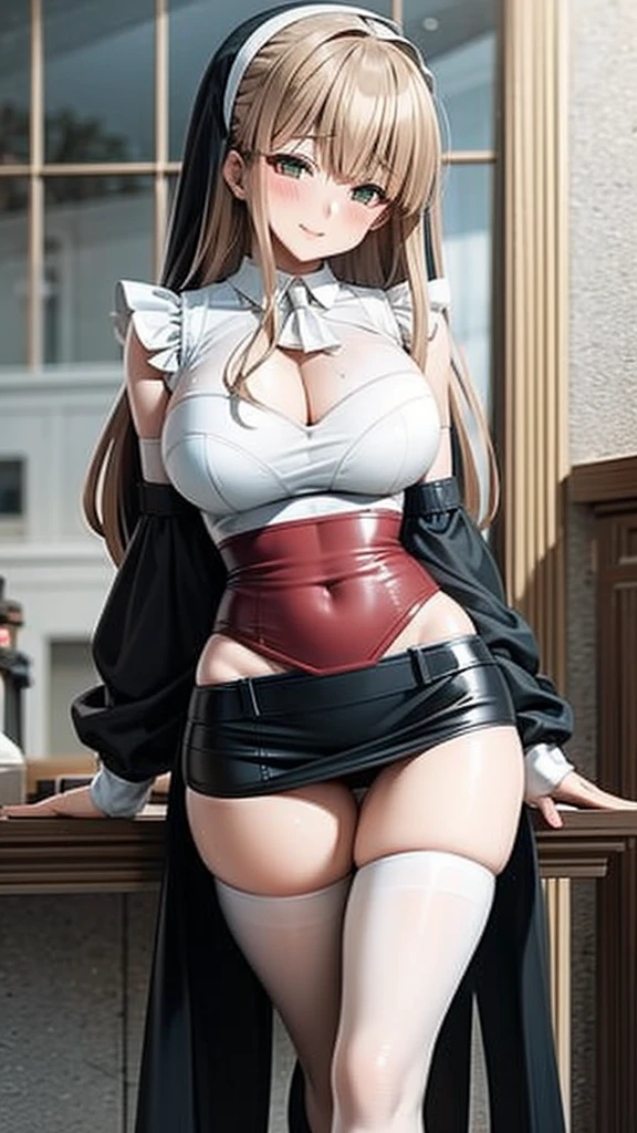 20-year-old girl,Crimson hair,side braid,Smile,Large Breasts,cleavage,Sheer red sleeveless top,Leave space in the middle to reveal cleavage,Soaked all over,Blushing,green eyes,Female spy,Red miniskirt,White gloves,White hand sleeves,White boots,Science fiction,Future,robot driver,There is a pistol on the back belt,No bangs,Wearing earrings only on one side,leather neck brace,There is a belt around the waist,Inside the robot cockpit