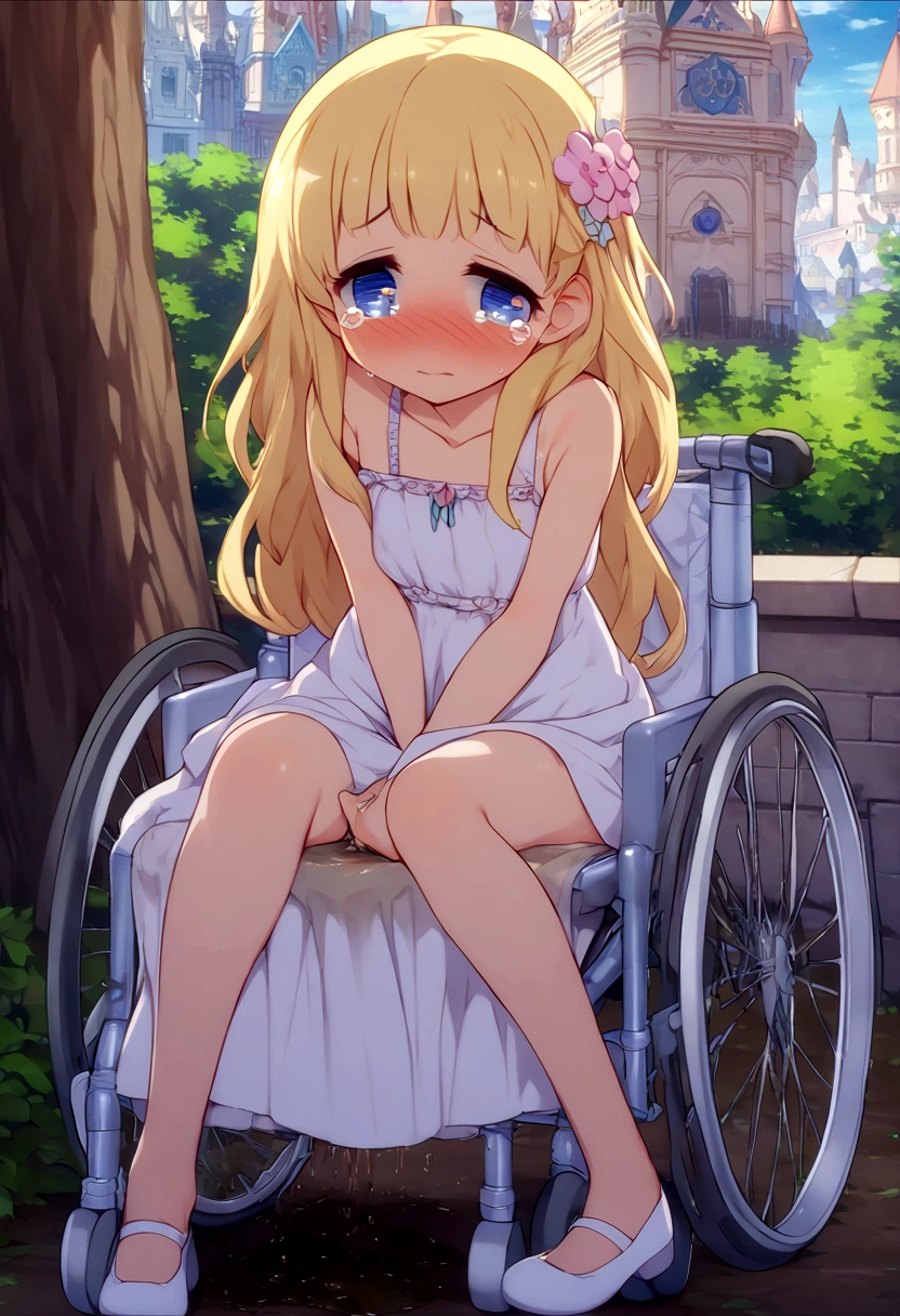 Anime. 1 girl. Baby. Princess. Blonde. Long hair. Blue eyes. Beautiful eyes. Perfect eyes. Expressive eyes. Eyes covered with a faded film. Blind eyes. Blind. Ideal face. Ideal anatomical body. Beautiful long legs. Beautiful body. Beautiful nose. ************. Embarrassment. Blush. Beautiful character design. Shiny skin. Light white dress. Shoes. Hair decorations. Disabled person. Paralytic. Sitting. Wheelchair. Hands on crotch. Urinary incontinence. Wants to pee. She needs to pee. She has a strong, desperate urge to pee. He squeezes his crotch tightly. Rubs copper. Slight lean forward. She peed herself. Fantasy city. A park. Date. He takes off his wet panties. Tears in my eyes. Cry. Snot flows from the nose. Full body. nsfw. Official art. Extremely detailed CG Unity 8k wallpaper. Ideal lighting. Ultra high resolution 4K. Super detailed 8K. A high resolution.