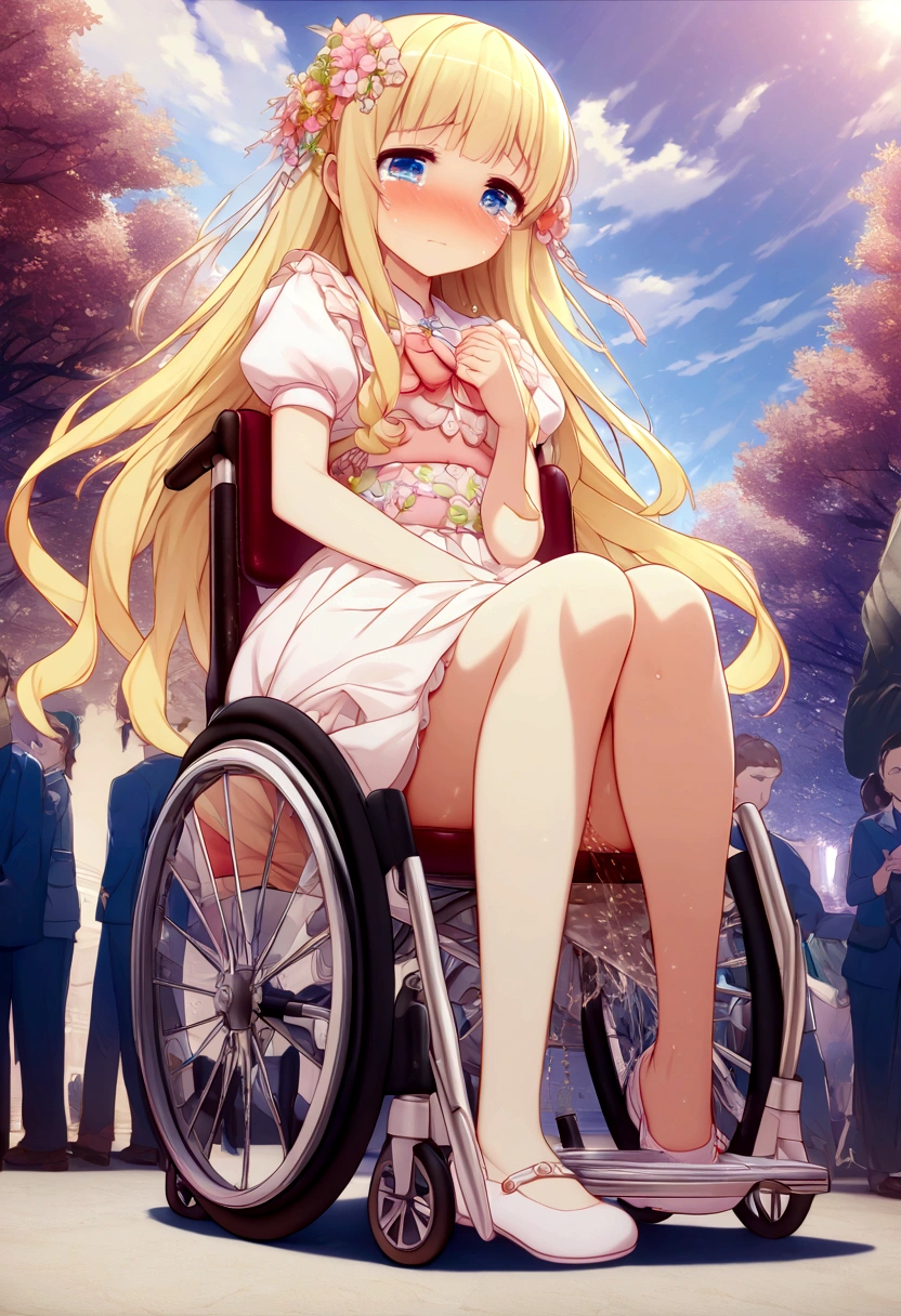 Anime. 1 girl. Baby. Princess. Blonde. Long hair. Blue eyes. Beautiful eyes. Perfect eyes. Expressive eyes. Eyes covered with a faded film. Blind eyes. Blind. Ideal face. Ideal anatomical body. Beautiful long legs. Beautiful body. Beautiful nose. ************. Embarrassment. Blush. Beautiful character design. Shiny skin. Light white dress. Shoes. Hair decorations. Disabled person. Paralytic. Sitting. Wheelchair. Hands on crotch. Urinary incontinence. Wants to pee. She needs to pee. She has a strong, desperate urge to pee. He squeezes his crotch tightly. Rubs copper. Slight lean forward. She peed herself. Fantasy city. A park. Date. He takes off his wet panties. Tears in my eyes. Cry. Snot flows from the nose. Full body. nsfw. Official art. Extremely detailed CG Unity 8k wallpaper. Ideal lighting. Ultra high resolution 4K. Super detailed 8K. A high resolution.