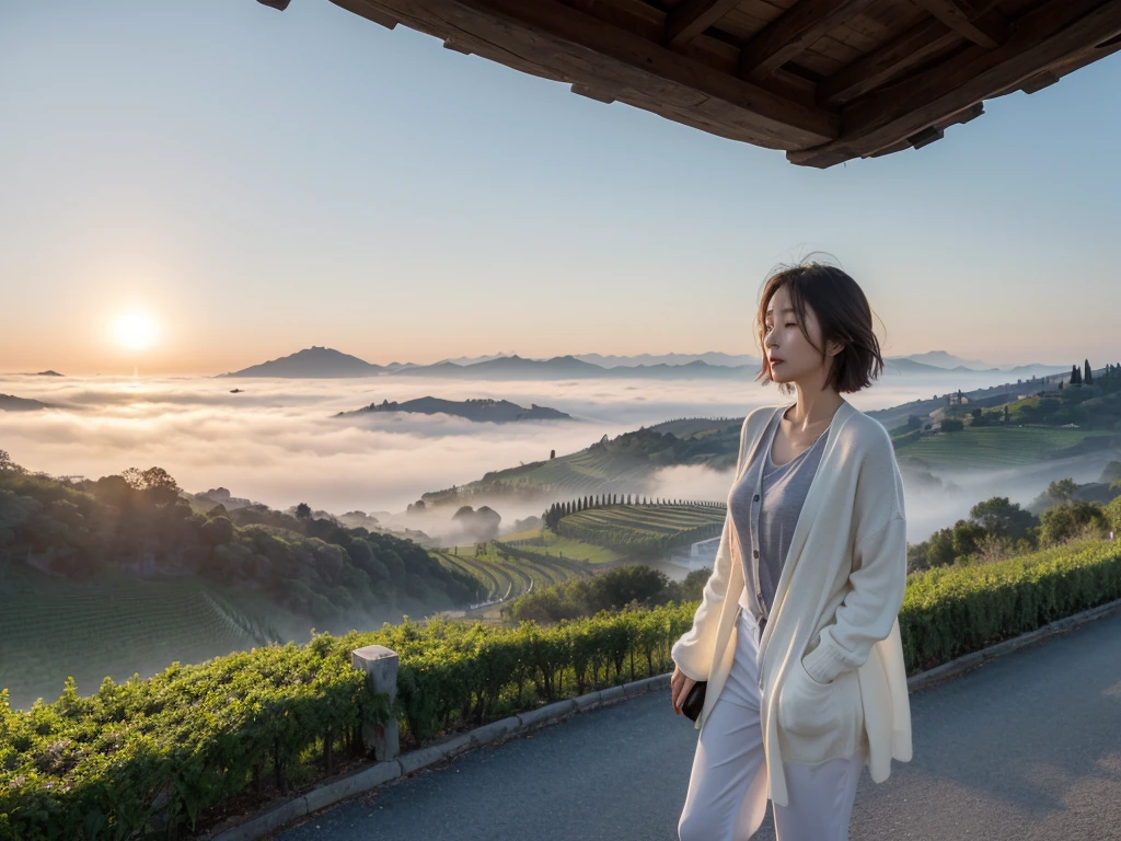 8k best picture quality, Beautiful 36-year-old Korean woman, short and nice weather. Chest size 34 inches, Dense fog at dawn in the Italian countryside, past the vineyard, The cathedral can be seen in the fog on a hill in the distance., The back background is realistic and vivid image quality, Short and medium hair blowing in the wind, Wearing high-end luxury brand travel clothes, Casual pants and cardigan., a faint smile. the background is clear, Short and slim Korean woman, stand far away, Photo taken with a wide-angle lens, Dawn fog