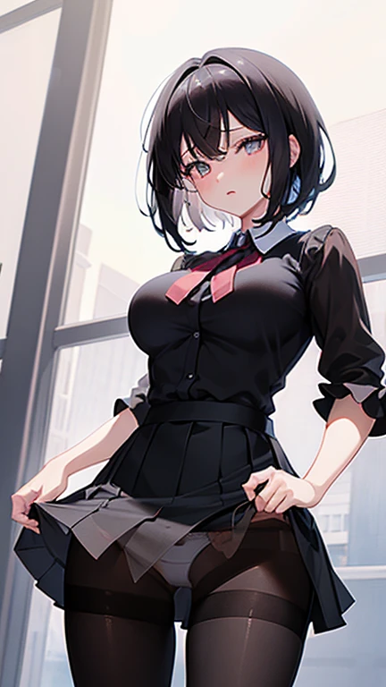 (anime style intricate hyper detailed anime illustration),
black short hair,high-school girl,big breasts,
[[(black pantyhose:1.2):0.01]:(see through white-panties under black pantyhose:1.3):0.5],standing,skirt lift,show crotch,