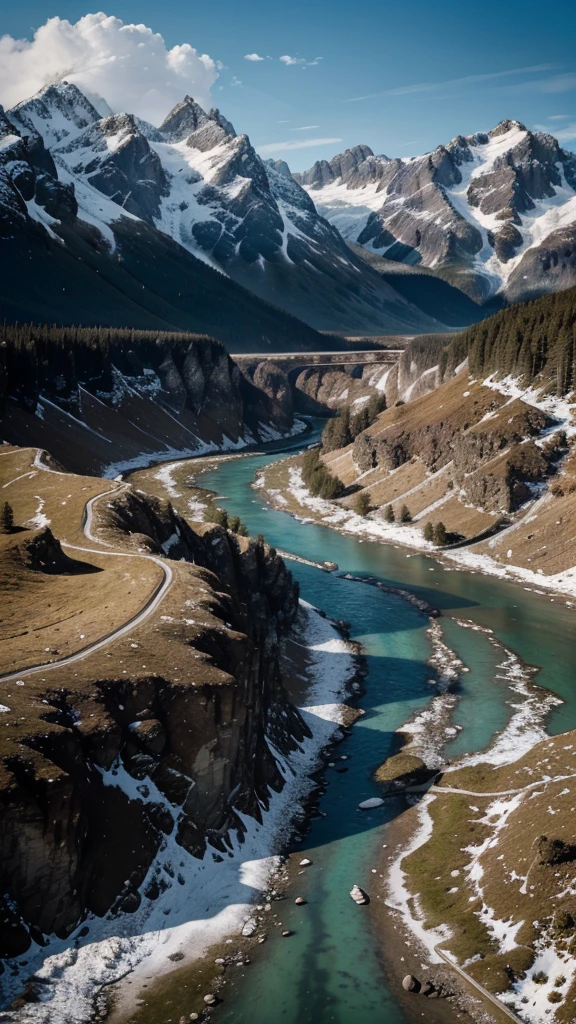 a dramatic landscape of the high Caucasus mountains, snow-capped peaks, vibrant colors, at the foot of the mountains a stormy river with crystal clear water, an eagle soaring in the distance, (best quality,8k,highres,masterpiece:1.2),ultra-detailed,(realistic,photorealistic,photo-realistic:1.37),dramatic lighting, cinematic composition, canon camera, hyperrealistic, landscape painting, breathtaking scenery, dramatic sky, powerful river, majestic eagle, pristine wilderness, rugged terrain, dramatic lighting, stunning vistas