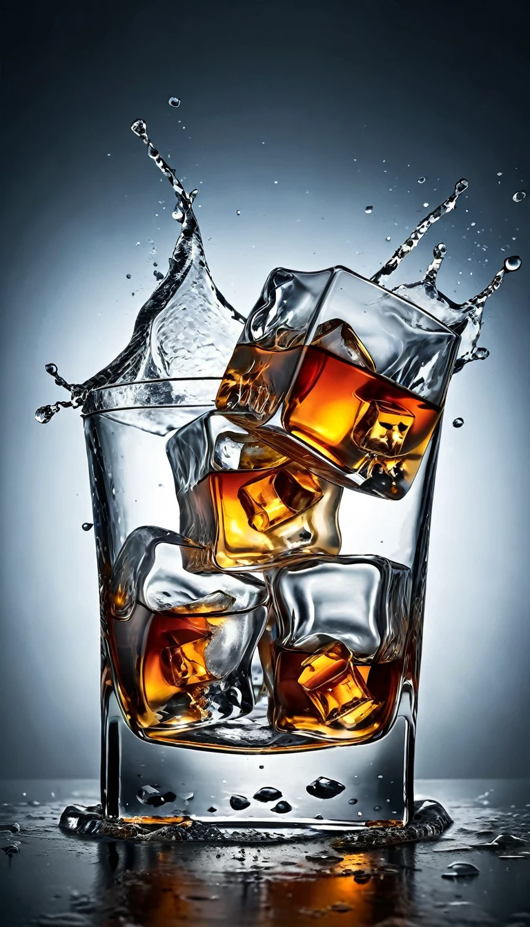 Create a photorealistic image of a whiskey glass with ice cubes dancing inside a human dancing shape. The ice cubes should appear lively and in motion, with some splashing whiskey. The background should be slightly blurred to keep the focus on the glass and the dynamic movement of the ice cubes