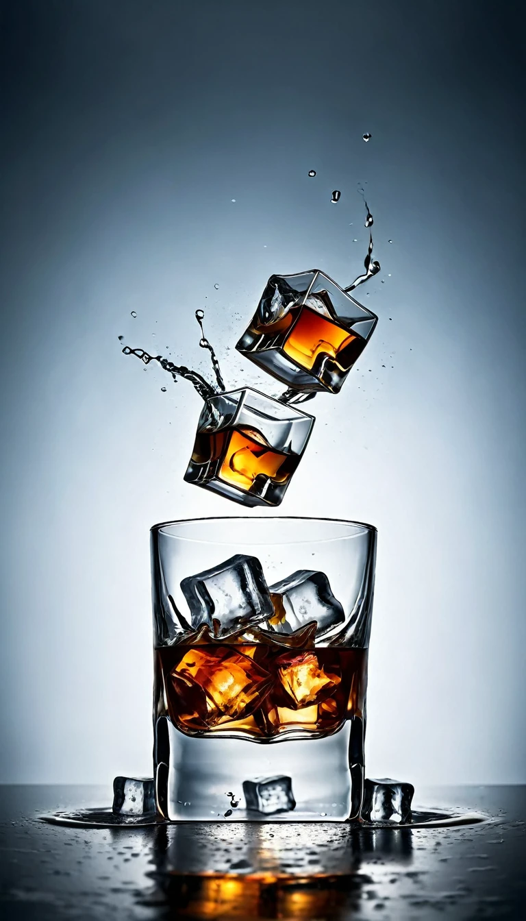 Create a photorealistic image of a whiskey glass with ice cubes dancing inside a human dancing shape. The ice cubes should appear lively and in motion, with some splashing whiskey. The background should be slightly blurred to keep the focus on the glass and the dynamic movement of the ice cubes